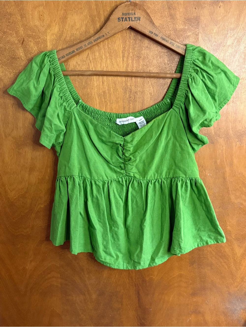 Midnight Sky Kelly Green Linen Babydoll Top Milkmaid Cottagecore Prairie Peasant